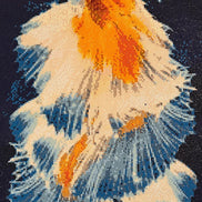 Close-up diamond painting of an orange-gold betta with ruffled white and blue fins against a dark navy background