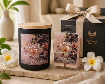 Plumeria Veil candle and matching wax melts arranged as a coordinated Phoenix Crafted gift set.