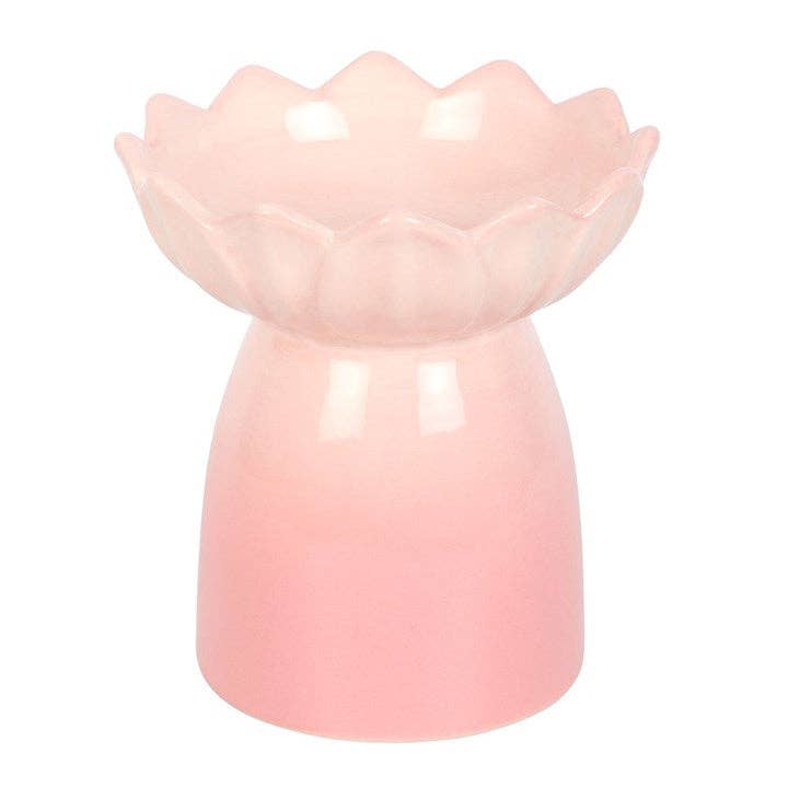 Glossy pale pink ceramic wax warmer with scalloped water-lily bowl seated on a smooth conical pedestal, white background