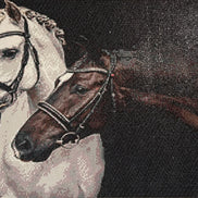 Close-up diamond painting of two bridled horses: white-gray horse with braided mane at left and brown horse at right on a dark, sparkling background.