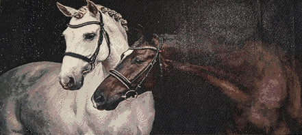 Close-up diamond painting of two bridled horses: white-gray horse with braided mane at left and brown horse at right on a dark, sparkling background.