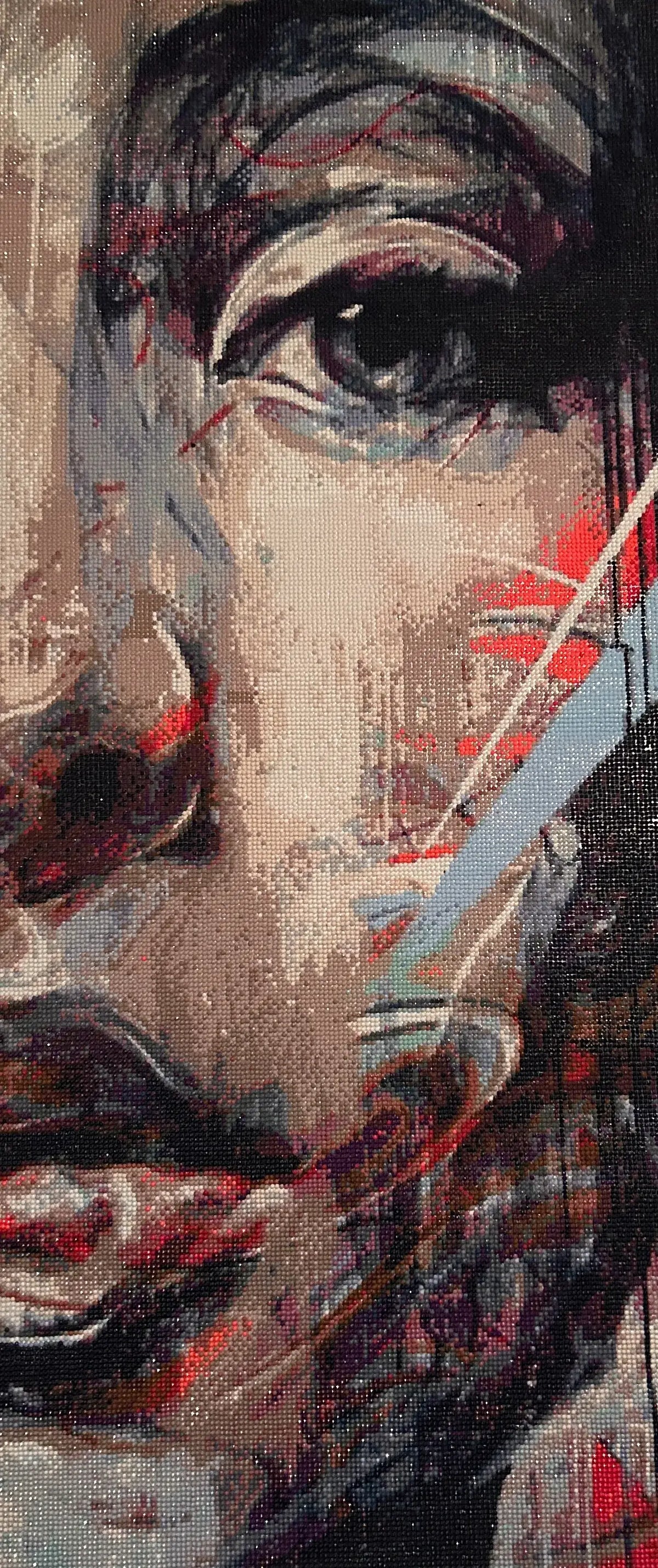 Fragmented Muse Diamond Painting featuring a vibrant, emotive portrait with colorful resin diamonds.