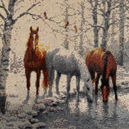 Winter Haven Horses Diamond Painting featuring three horses by a reflective stream in a serene winter landscape.