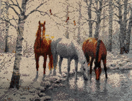 Winter Haven Horses Diamond Painting featuring three horses by a reflective stream in a serene winter landscape.