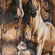 Twin Spirits Diamond Painting featuring two powerful horses in dynamic poses, illuminated with vibrant resin diamonds.