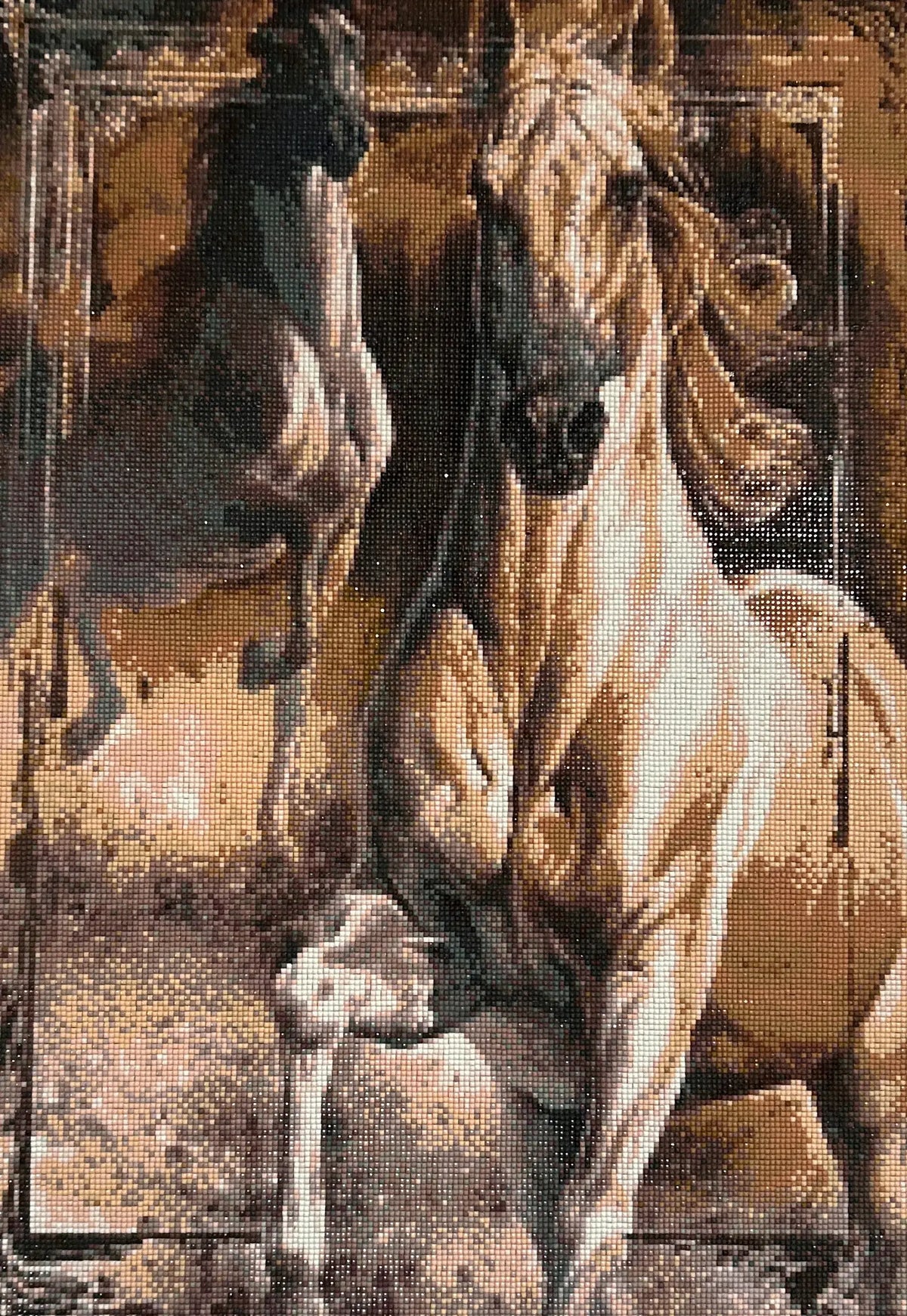 Twin Spirits Diamond Painting featuring two powerful horses in dynamic poses, illuminated with vibrant resin diamonds.