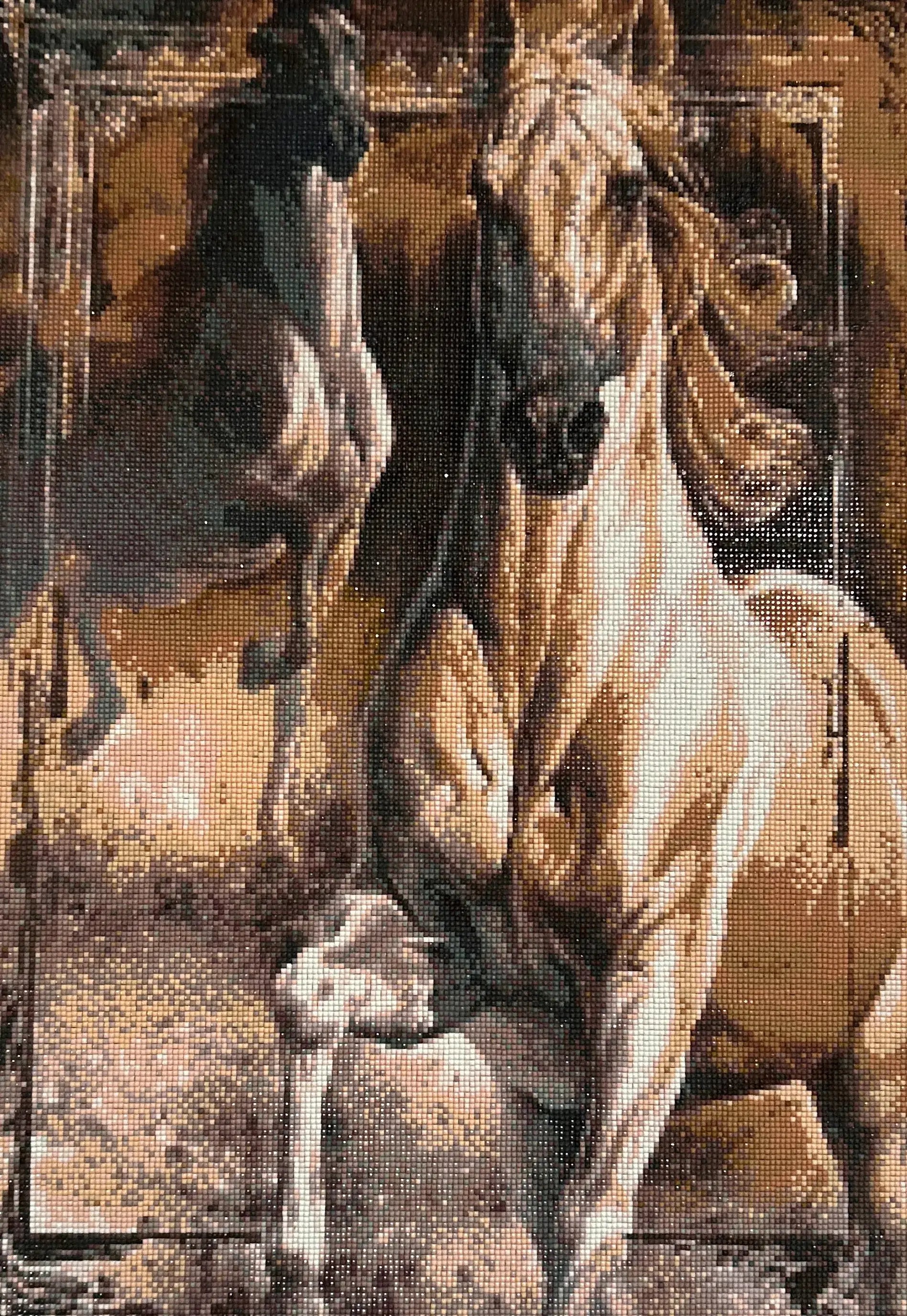Twin Spirits Diamond Painting featuring two powerful horses in dynamic poses, illuminated with vibrant resin diamonds.