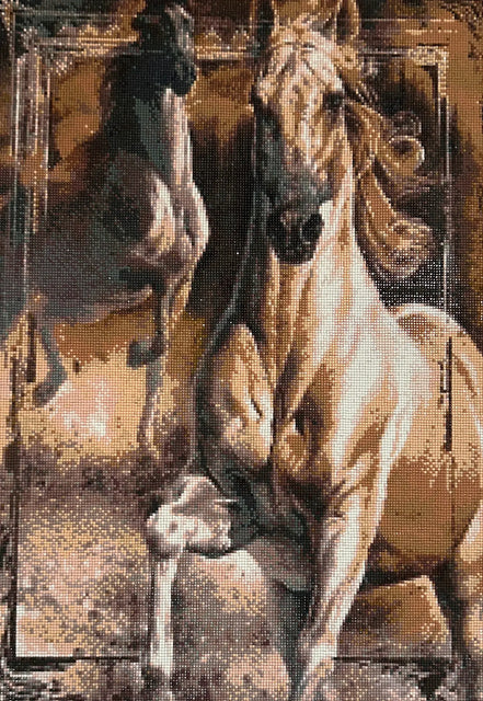 Twin Spirits Diamond Painting featuring two powerful horses in dynamic poses, illuminated with vibrant resin diamonds.