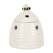 White Beehive Tealight Wax Warmer designed as a ceramic oil burner with a cute bee on the lid.