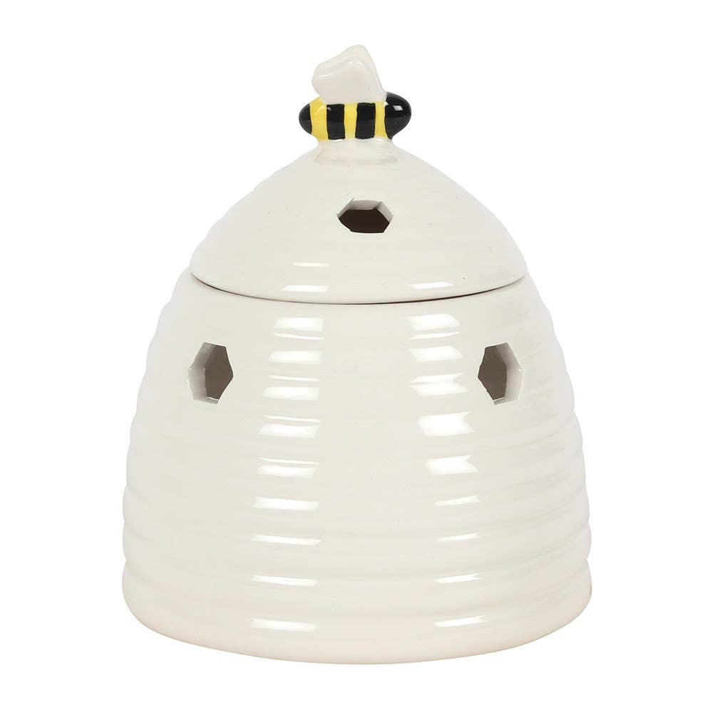 White Beehive Tealight Wax Warmer designed as a ceramic oil burner with a cute bee on the lid.