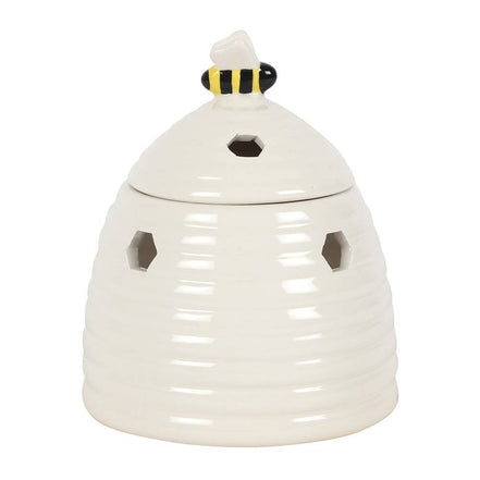 White Beehive Tealight Wax Warmer designed as a ceramic oil burner with a cute bee on the lid.