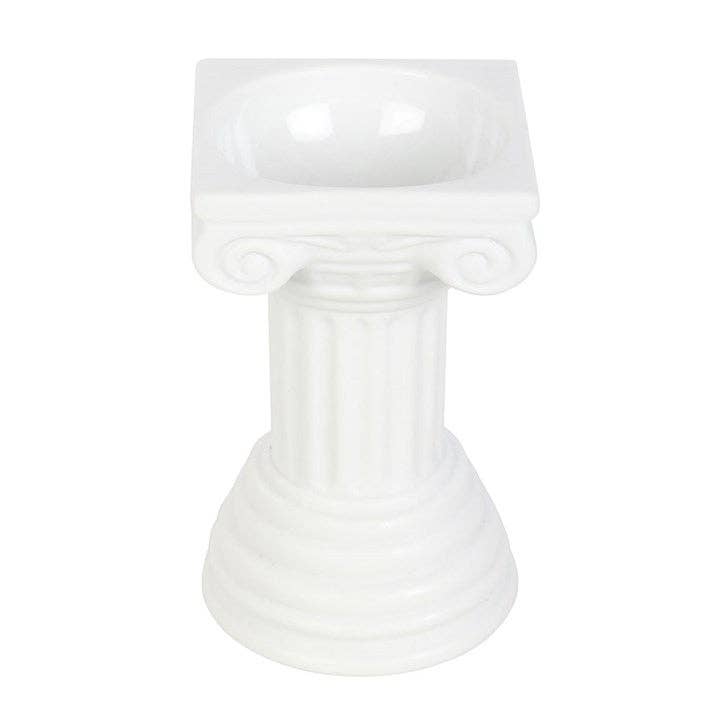 Glossy white ceramic Greek column wax warmer with square top recessed bowl, Ionic scroll capital.