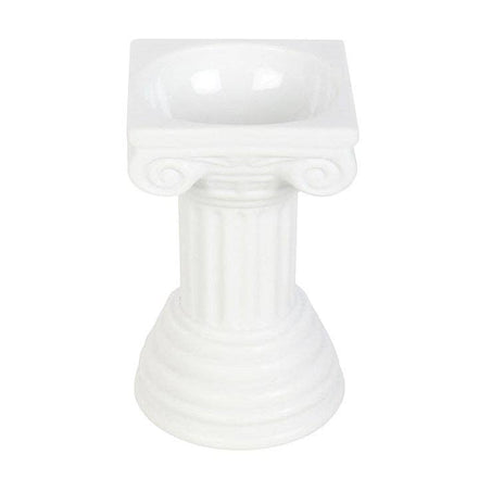 Glossy white ceramic Greek column wax warmer with square top recessed bowl, Ionic scroll capital.