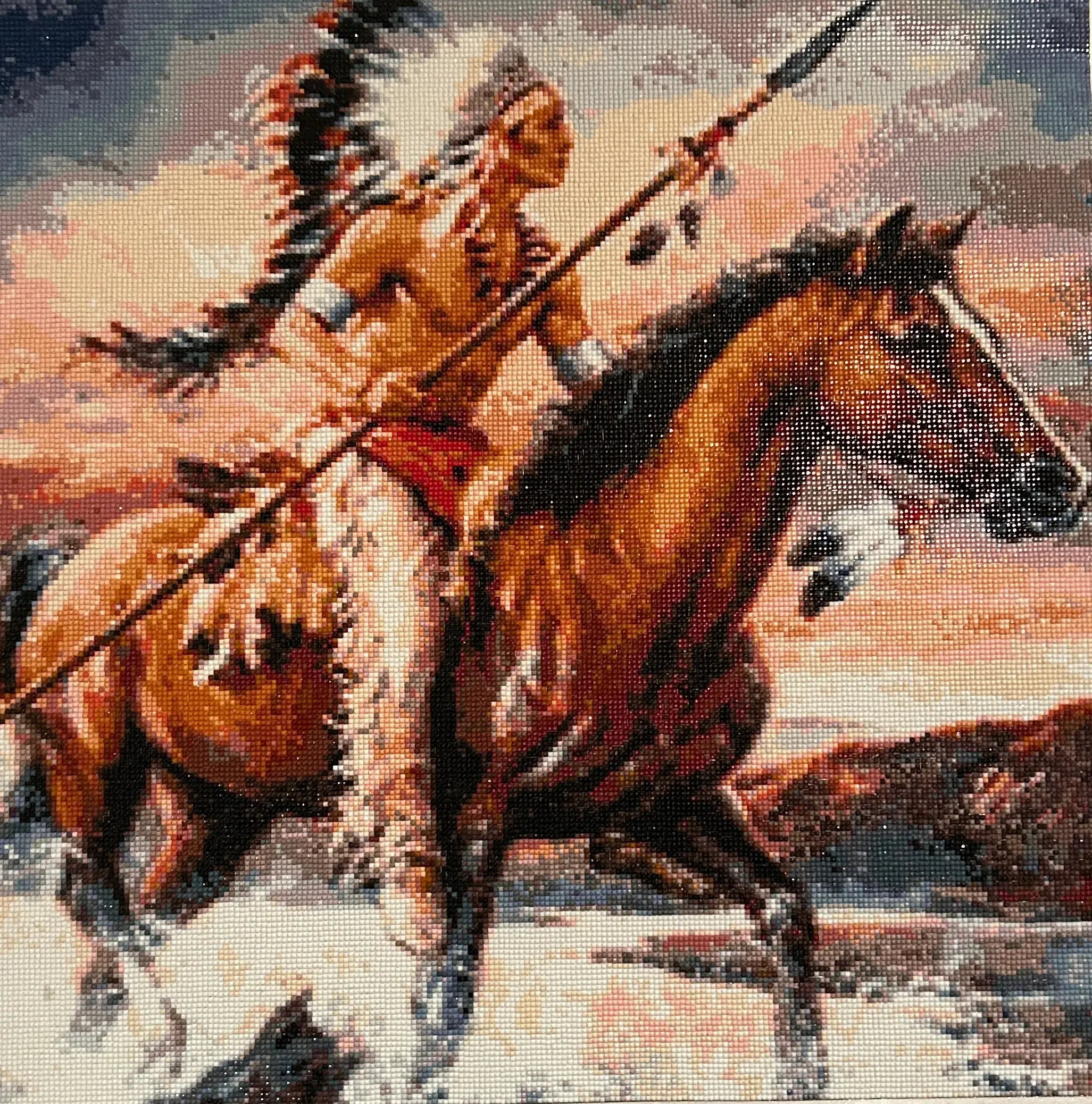 Spirit of the Plains Diamond Painting showcasing a warrior on horseback against a vibrant sunset.