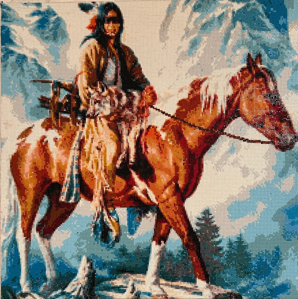 Spirit of the Mountain Diamond Painting featuring a horse rider against a mountainous backdrop.