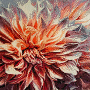 Close-up diamond painting of a dahlia with layered petals in orange, coral, maroon, pink and gray using round faceted drills on a canvas grid.