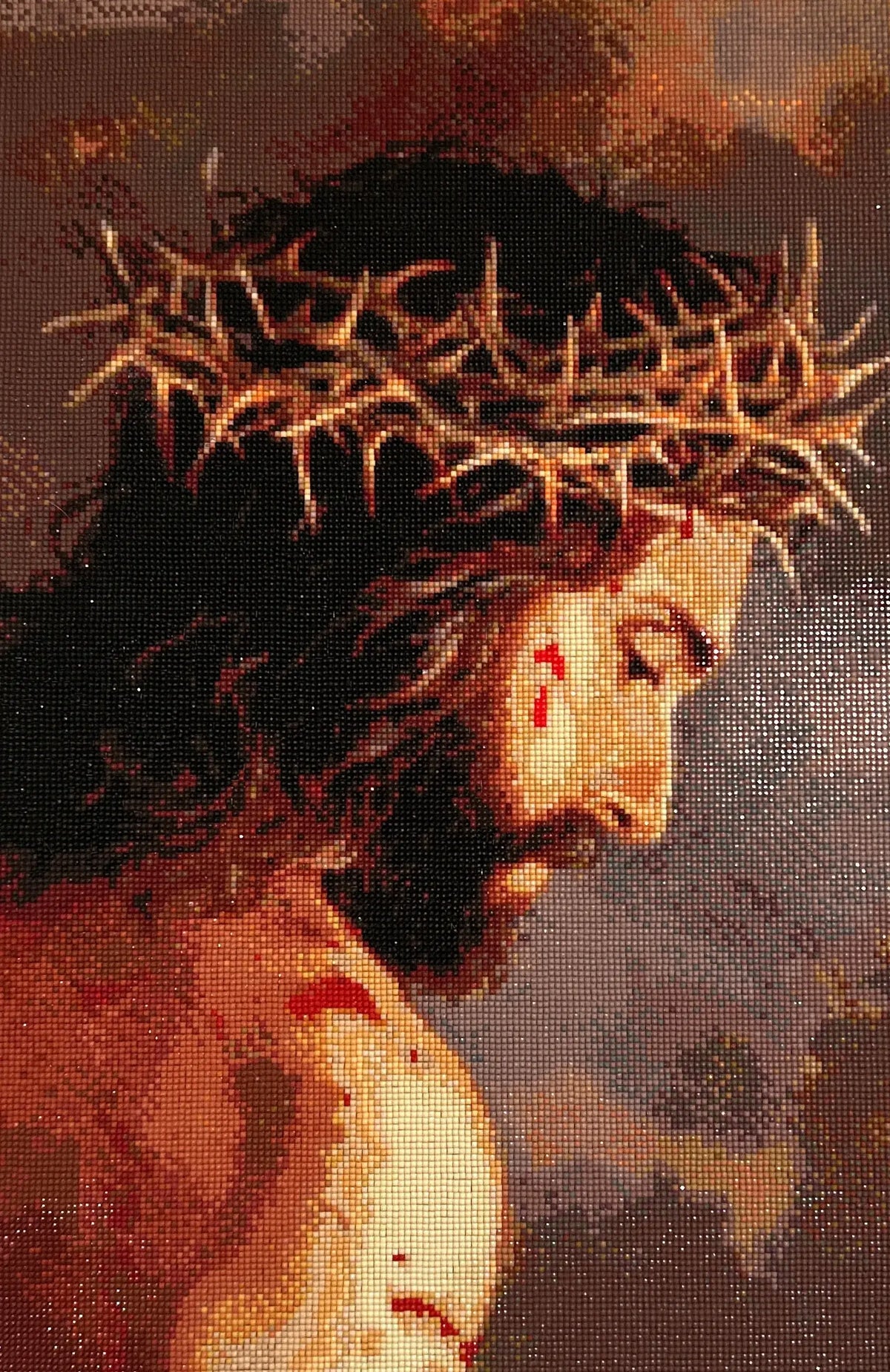 Close view of the Redeemer’s Grace Christian diamond painting with detailed resin diamonds and warm devotional earth tones.