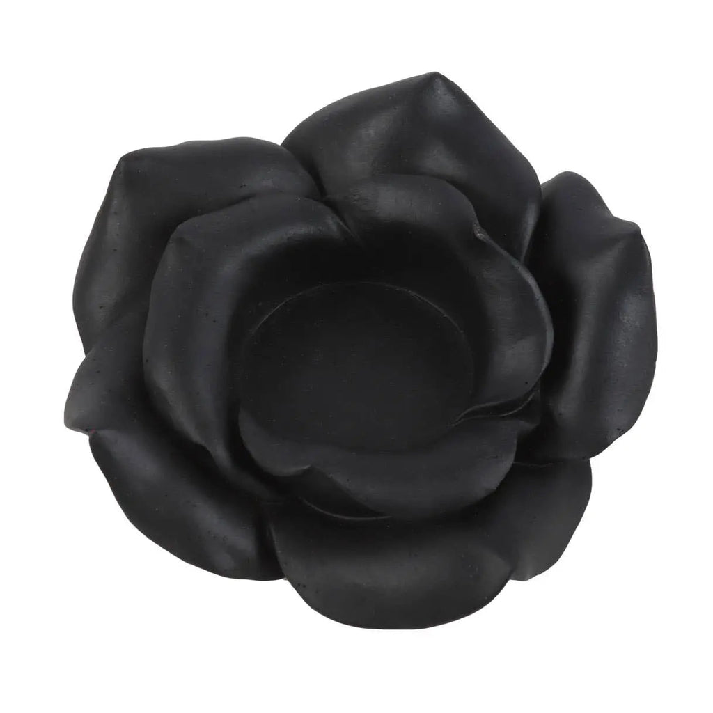 Black rose tealight candle holder made of resin, intricately crafted for elegant home decor.