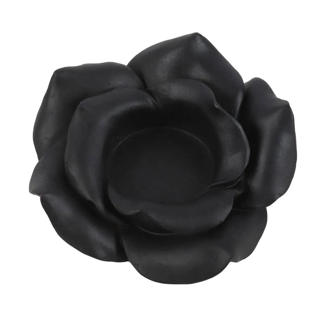 Black rose tealight candle holder made of resin, intricately crafted for elegant home decor.