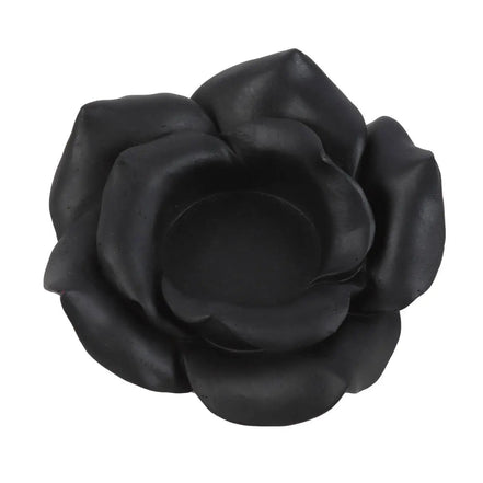 Black rose tealight candle holder made of resin, intricately crafted for elegant home decor.