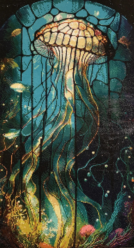Luminous Drift Diamond Painting featuring a glowing jellyfish in vibrant ocean colors.