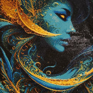 Gilded Serenity Diamond Painting features a radiant portrait with sapphire blues and glowing golds creating a serene profile.