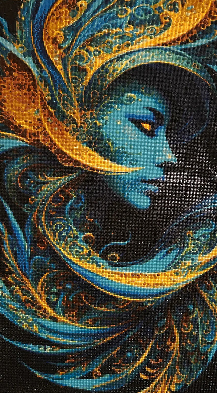 Gilded Serenity Diamond Painting features a radiant portrait with sapphire blues and glowing golds creating a serene profile.