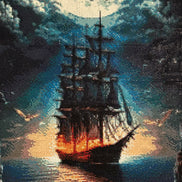 Moonfire Voyage Diamond Painting of a glowing ship against a dramatic night sky and ocean.