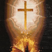 Divine Illumination Diamond Painting featuring a golden cross above an illuminated book on a dark background.