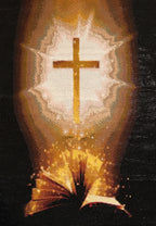 Divine Illumination Diamond Painting featuring a golden cross above an illuminated book on a dark background.