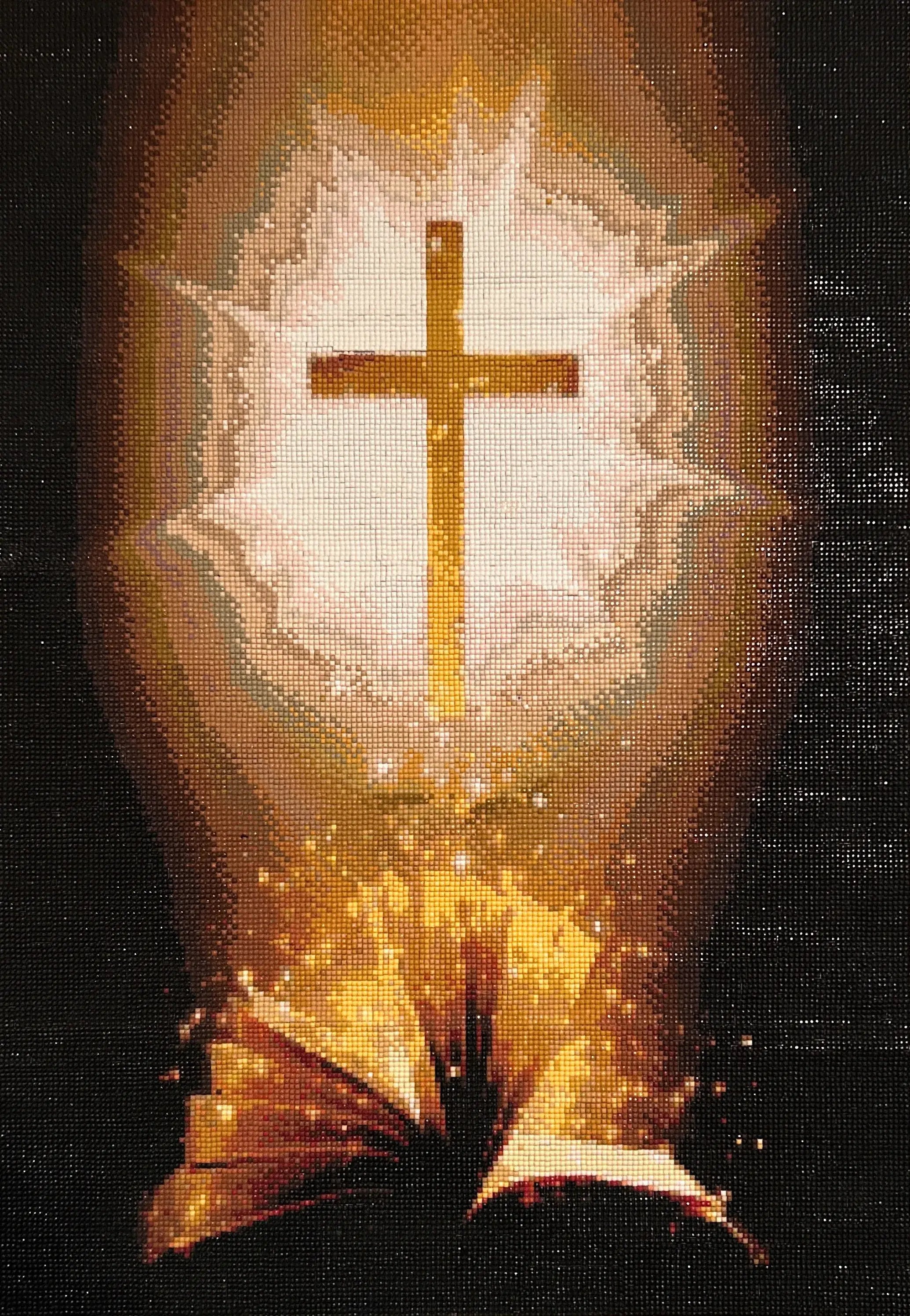 Divine Illumination Diamond Painting featuring a golden cross above an illuminated book on a dark background.