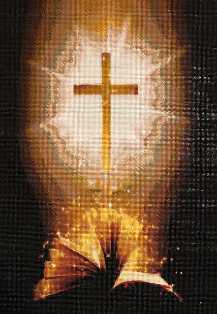 Divine Illumination Diamond Painting featuring a golden cross above an illuminated book on a dark background.
