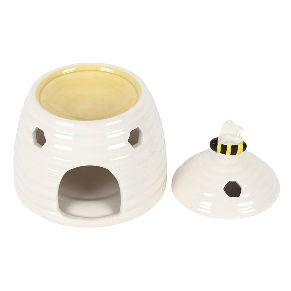White Beehive Tealight Wax Warmer with bee lid, ceramic oil burner for fragrant oils, part of the Bee Happy range.