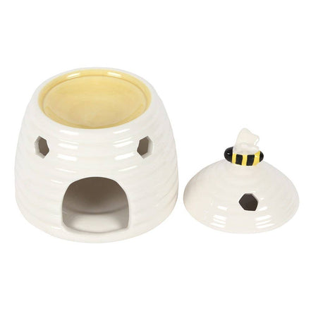 White Beehive Tealight Wax Warmer with bee lid, ceramic oil burner for fragrant oils, part of the Bee Happy range.