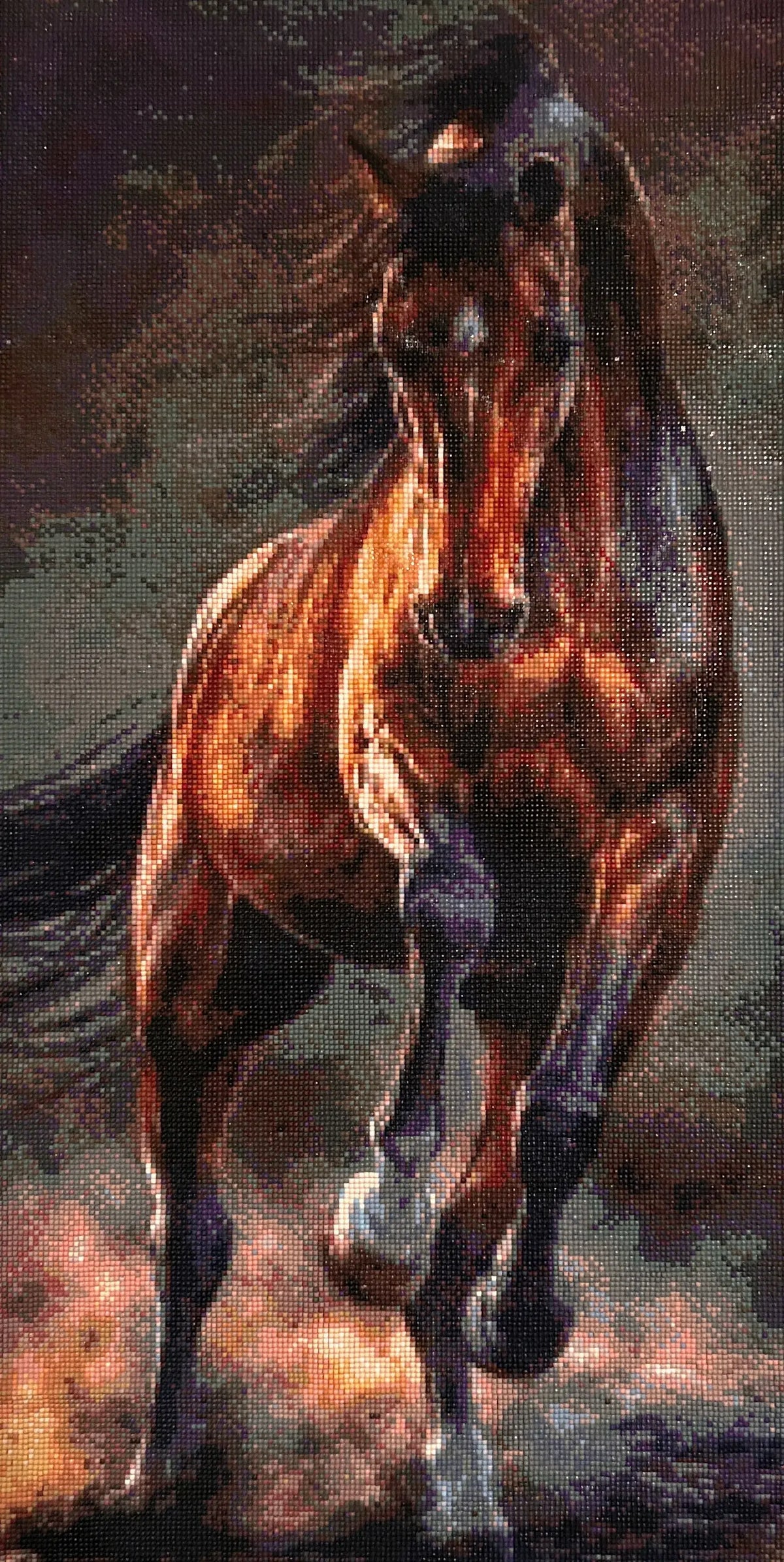 Wildfire Stallion Diamond Painting featuring a powerful stallion captured in motion with vibrant colors.