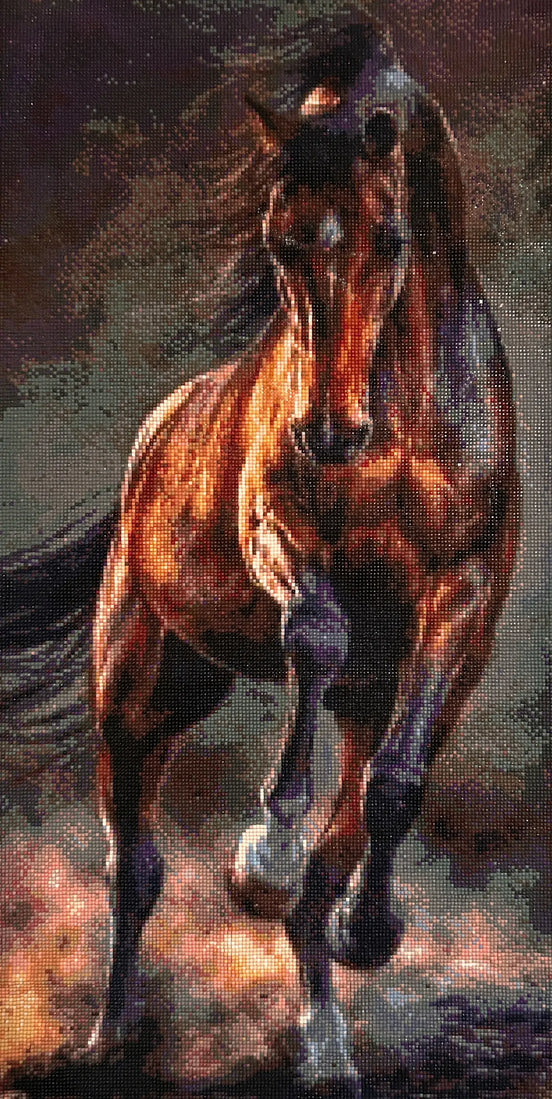 Wildfire Stallion Diamond Painting featuring a powerful stallion captured in motion with vibrant colors.
