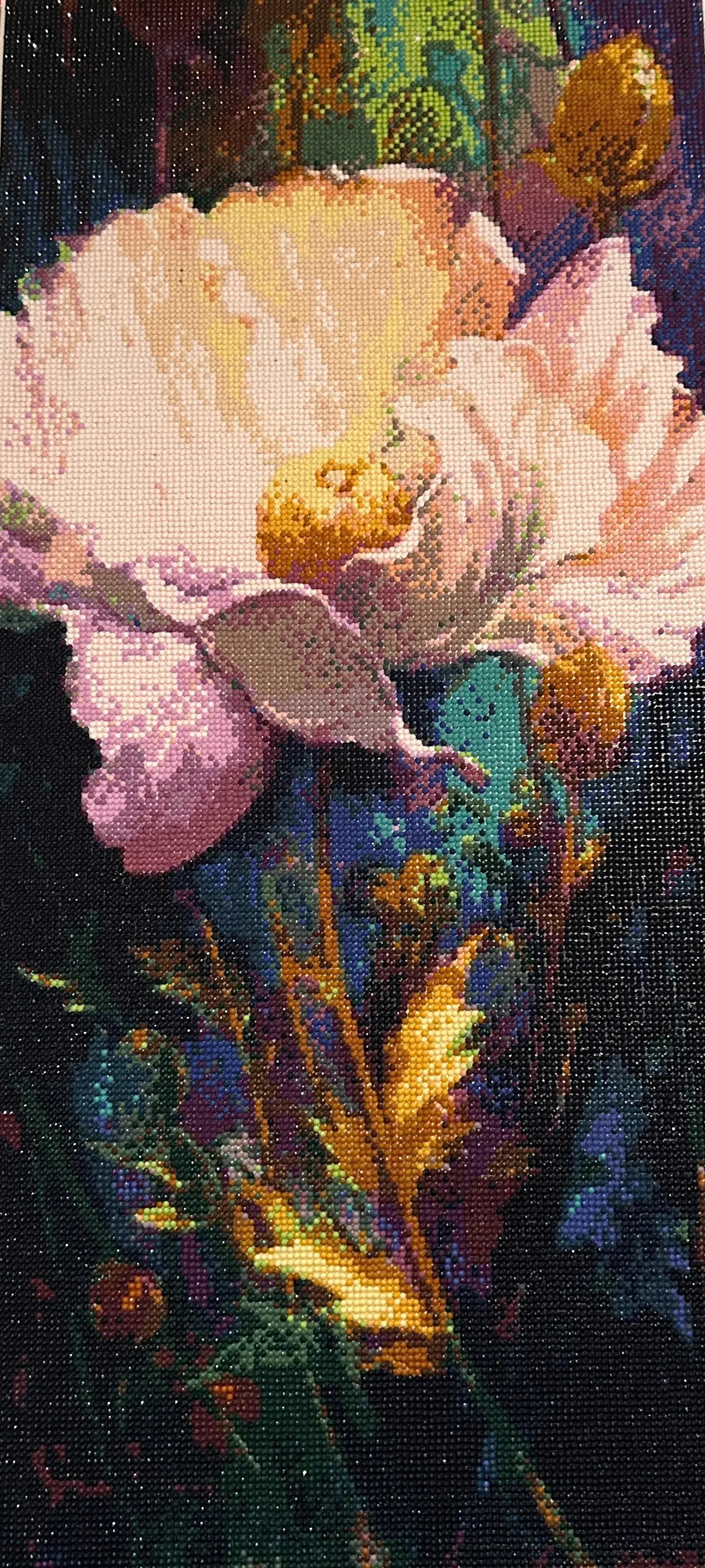 Radiant Peony Bloom Diamond Painting featuring vibrant pink and gold colors in a detailed floral design.