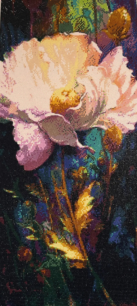 Radiant Peony Bloom Diamond Painting featuring vibrant pink and gold colors in a detailed floral design.