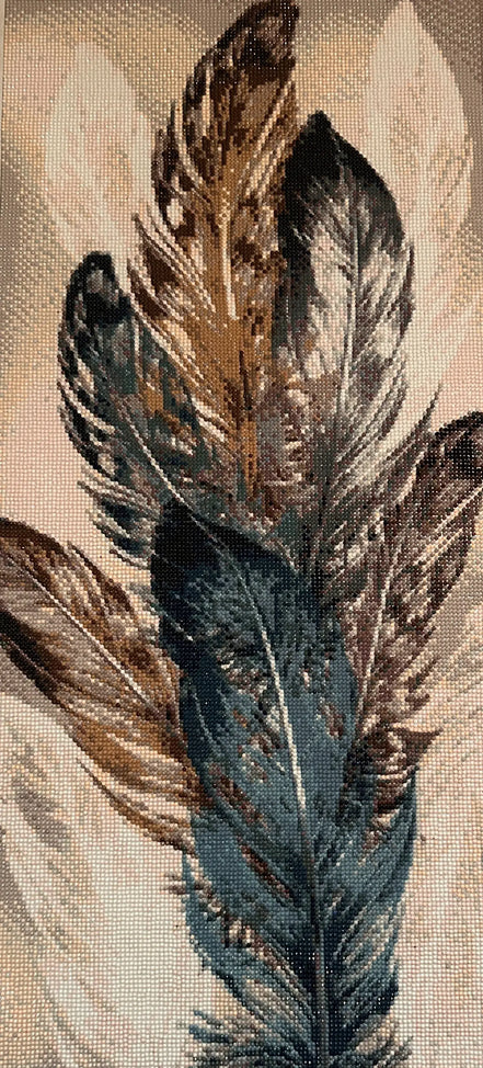 Gathered Feathers Diamond Painting with earthy tones and textured feathers on a gentle gradient backdrop.