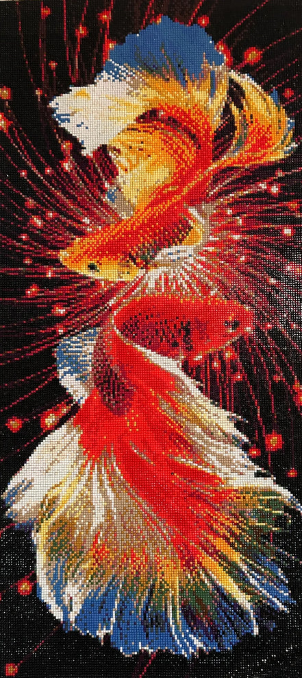 Dueling Betta Splendor Diamond Painting showcases vivid bettas with shimmering resin diamonds in dramatic colors.