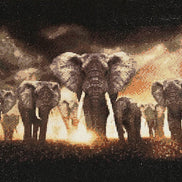 Majestic March Diamond Painting features a stunning sunset scene with a herd of elephants.