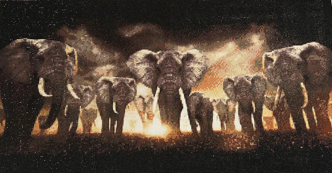 Majestic March Diamond Painting features a stunning sunset scene with a herd of elephants.