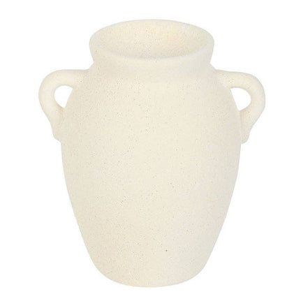 Off-white speckled vase-shaped wax warmer with two small loop handles and a wide open top, front-centered on a white background.