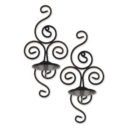 Pair of dark metal scrollwork wall sconces with round candle trays and rear hanging loops on a white background.