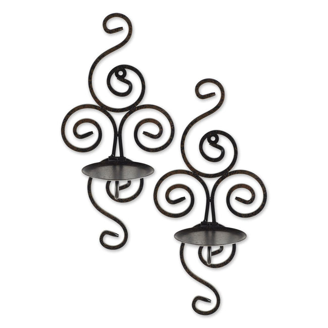 Pair of dark metal scrollwork wall sconces with round candle trays and rear hanging loops on a white background.