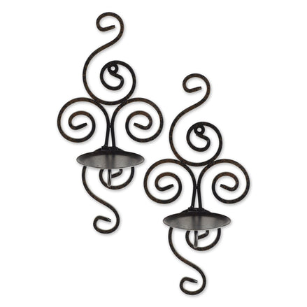 Scrollwork candle sconces featuring elegant swirling designs, perfect for adding ambiance to any space.