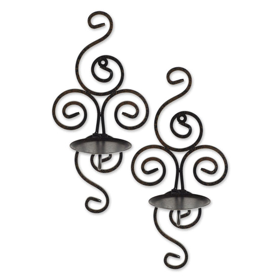 Pair of dark metal scrollwork wall sconces with round candle trays and rear hanging loops on a white background.