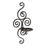 Dark metal scrollwork wall sconce with a round candle tray and hanging loop on a white background.