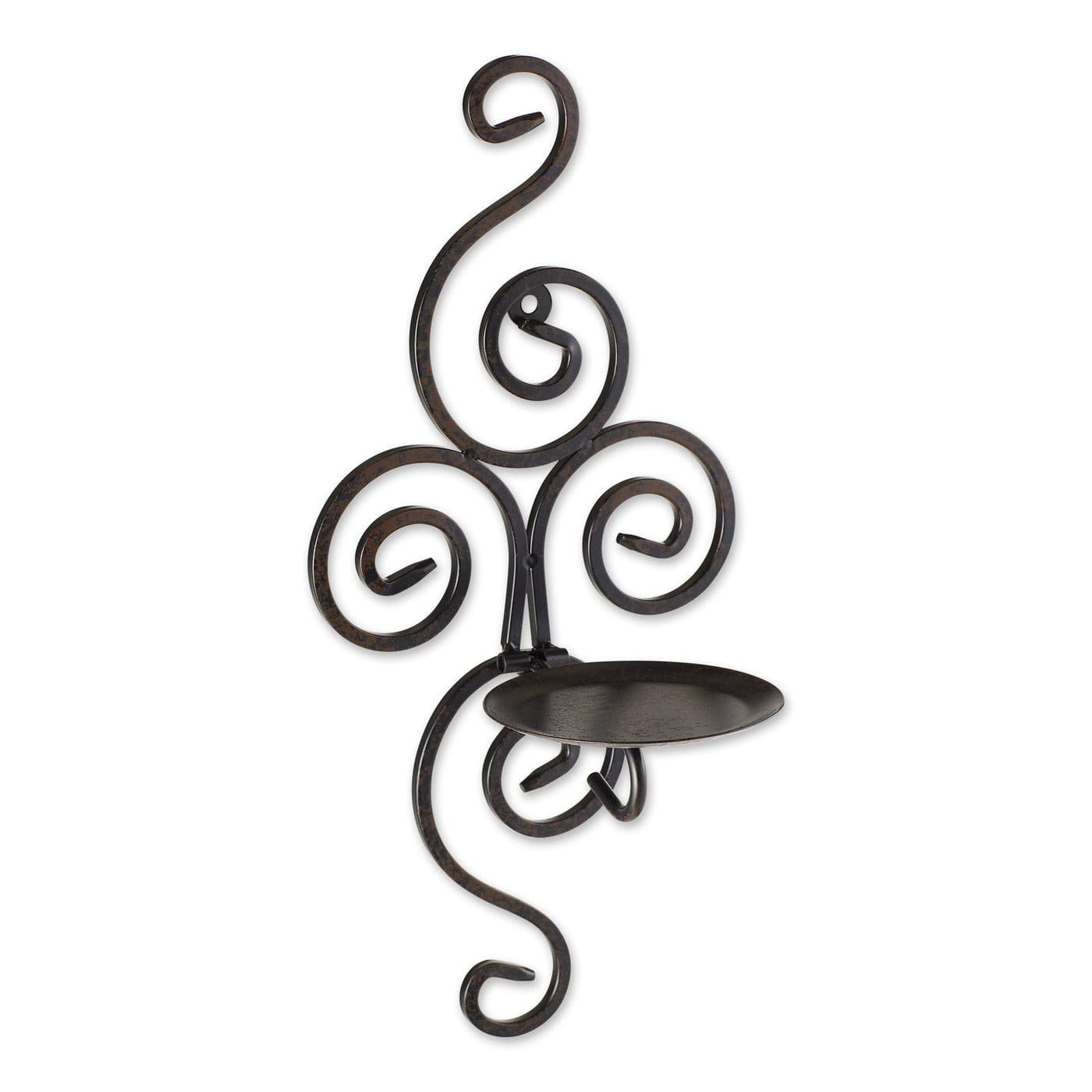 Dark metal scrollwork wall sconce with a round candle tray and hanging loop on a white background.