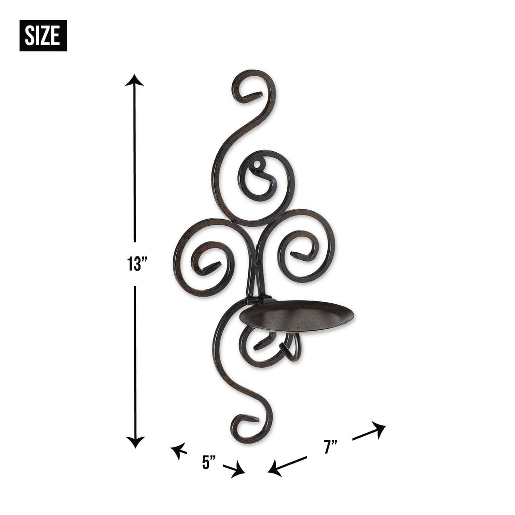 Size dimensions of scrollwork candle sconces: 13" height, 5" width, 7" depth for wall decor.